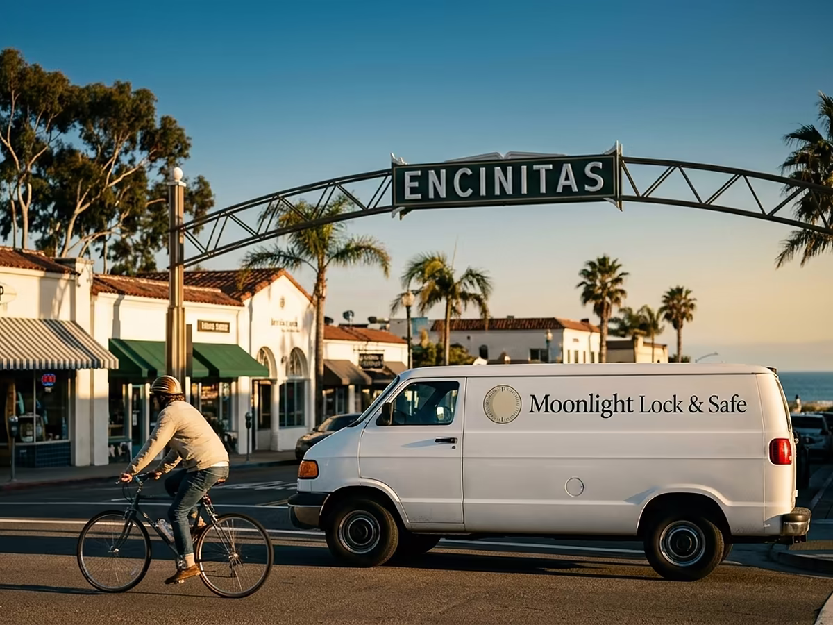 The Moonlight Lock & Safe van on Coast Highway 101 with the Encinitas sign in frame.