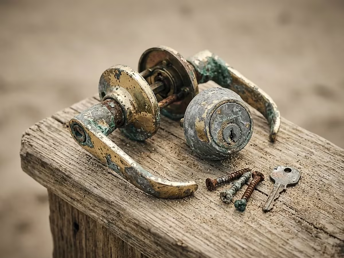 A salt-pitted, green-tinged original lockset pulled from a home west of 101.