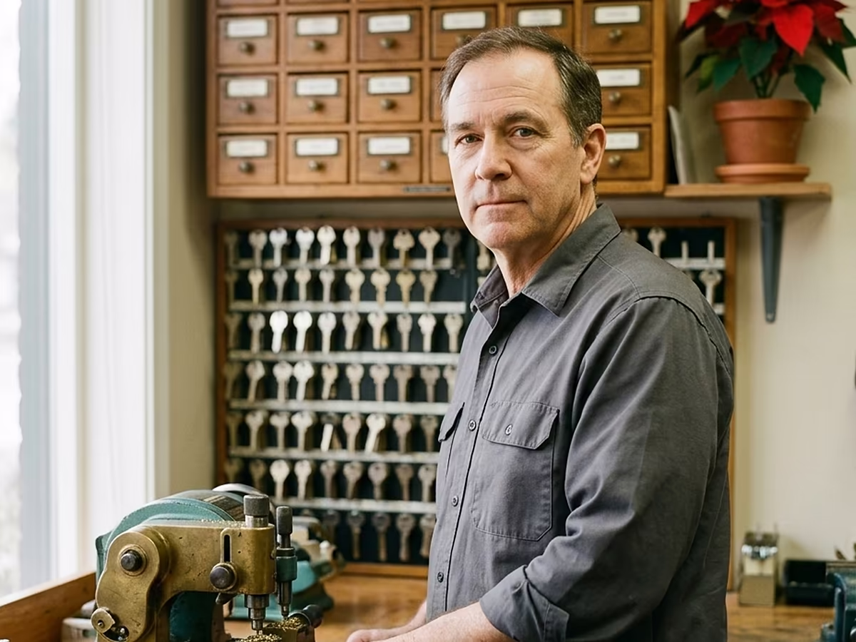 The owner at the workbench with the key machine, brass shavings, and a poinsettia on the shelf.