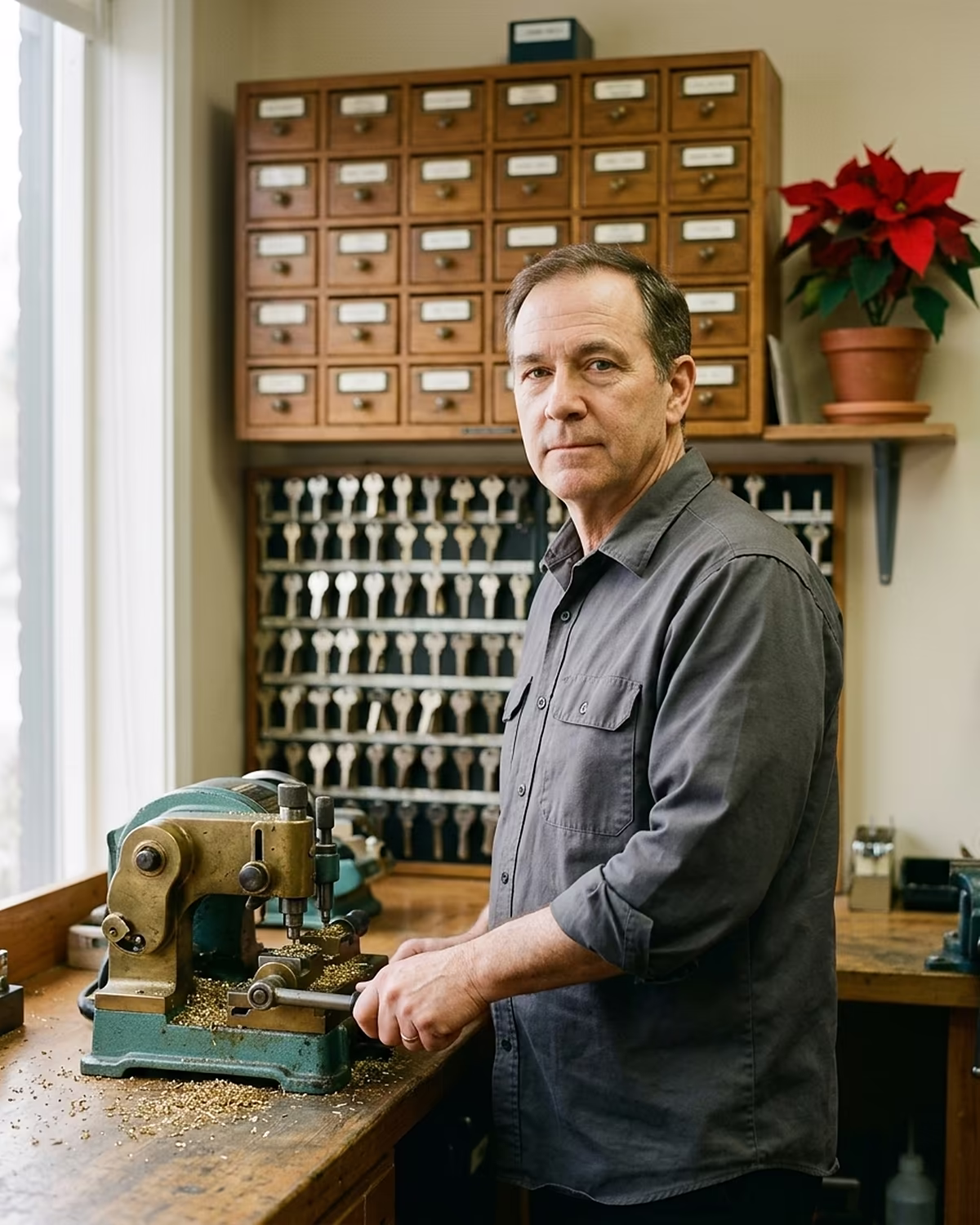 The owner at the workbench: key machine, brass shavings, and a poinsettia on the shelf, in natural light.